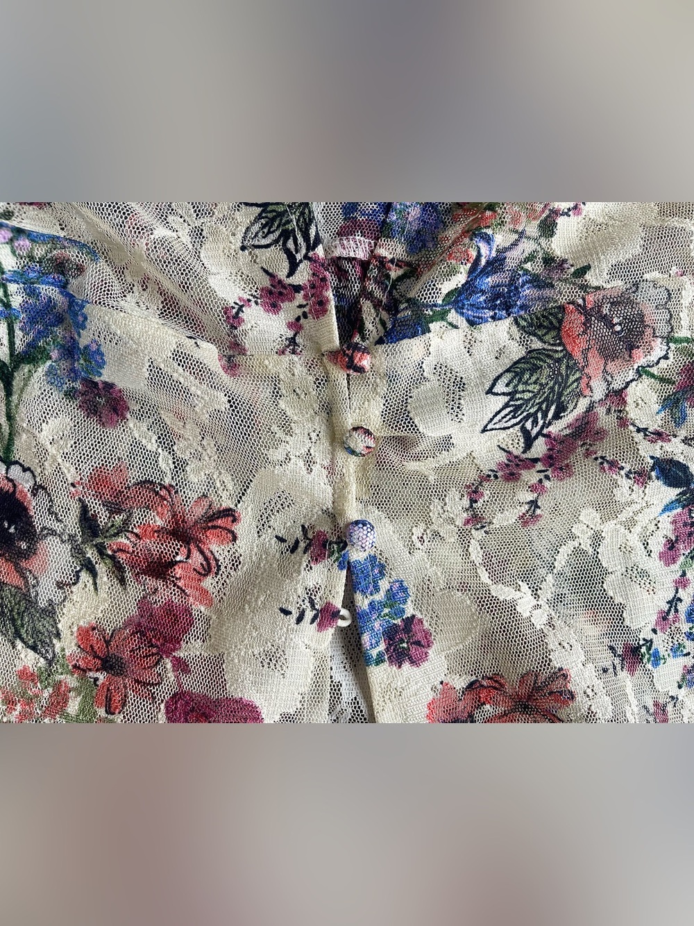 EN CRÈME Floral Lace Midi Duster in Cream with Blue & Pink Accents - Picture 4 of 8